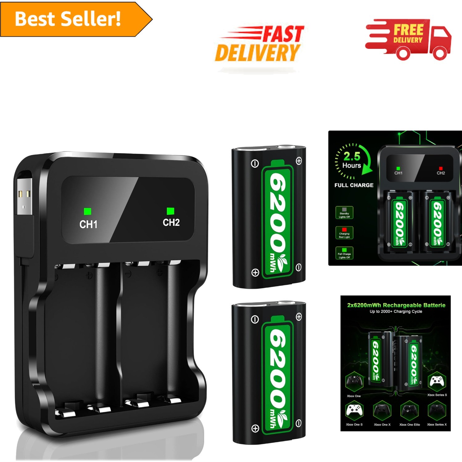 2 x 6200mAh Xbox Controller Batteries - Safe Charging & Fast Recharge Station
