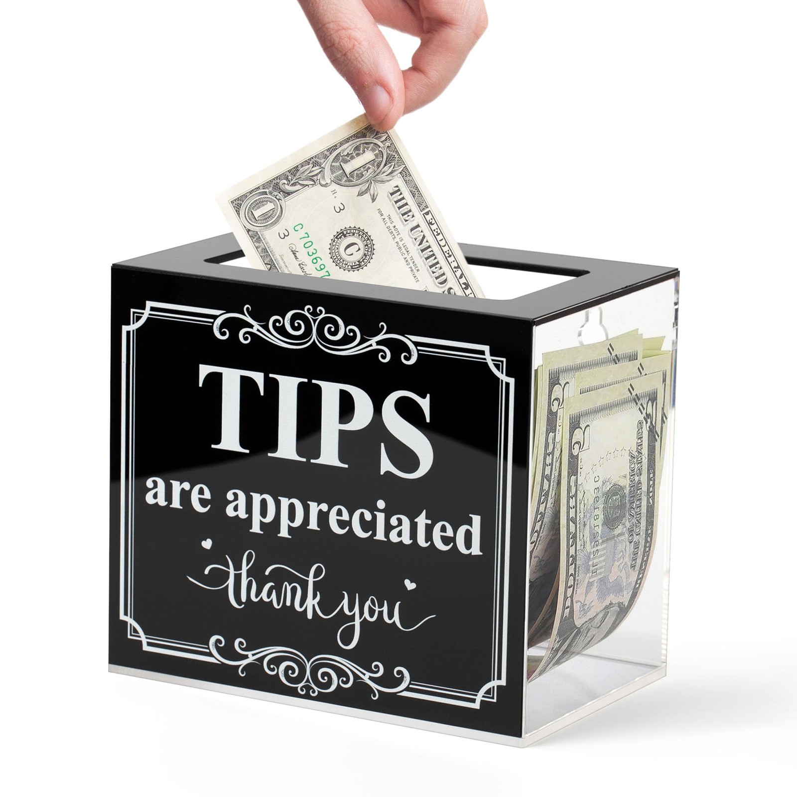 Lesnala Acrylic Tip Jar for Money 6 x 4 x 5 inches, Black,transparent