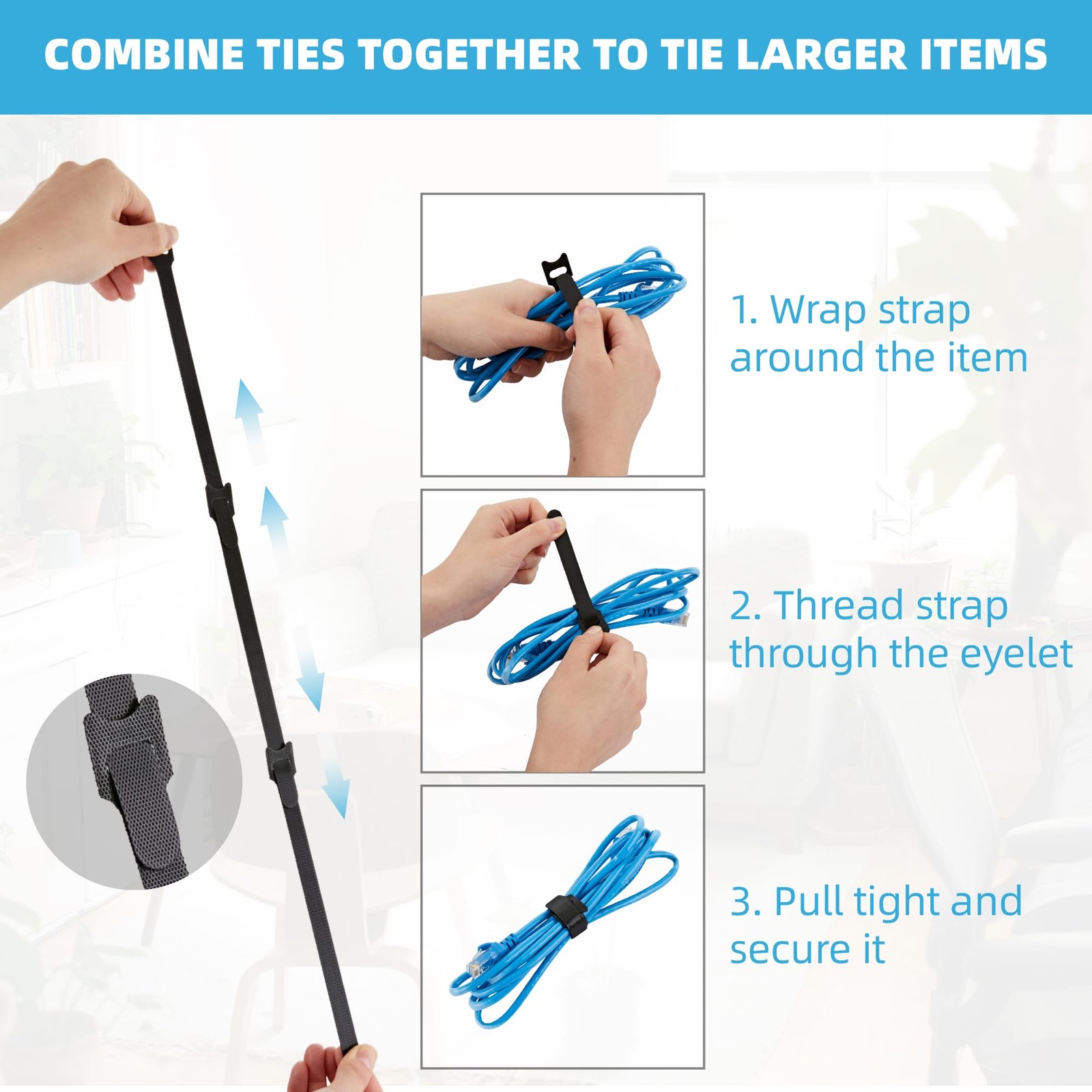 100 PCS Reusable Cable Ties with Hook and Loop, Multi-purpose Adjustable 8 In...