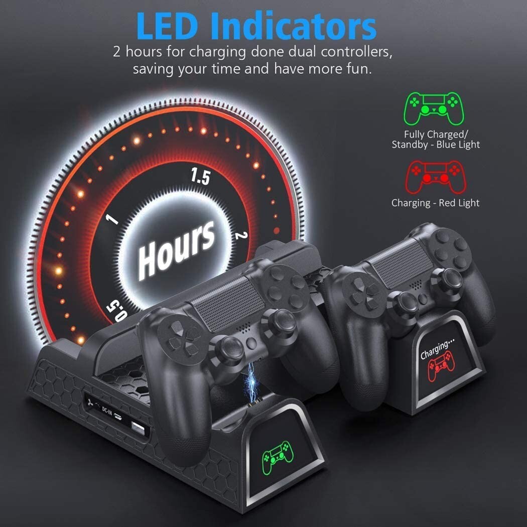 PS4/Slim/Pro Dual Controller Charger with Vertical Cooling Stand, Game Storage