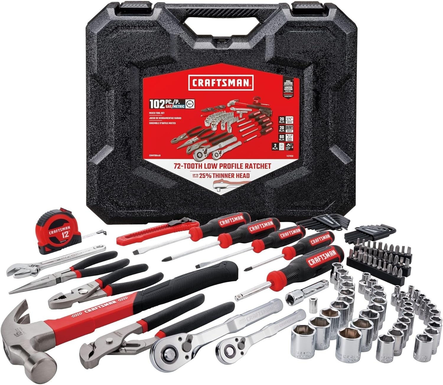 102-Piece Tool Kit Home & Car Durable Hand Tools Set W/ SAE & Metric Socket Set