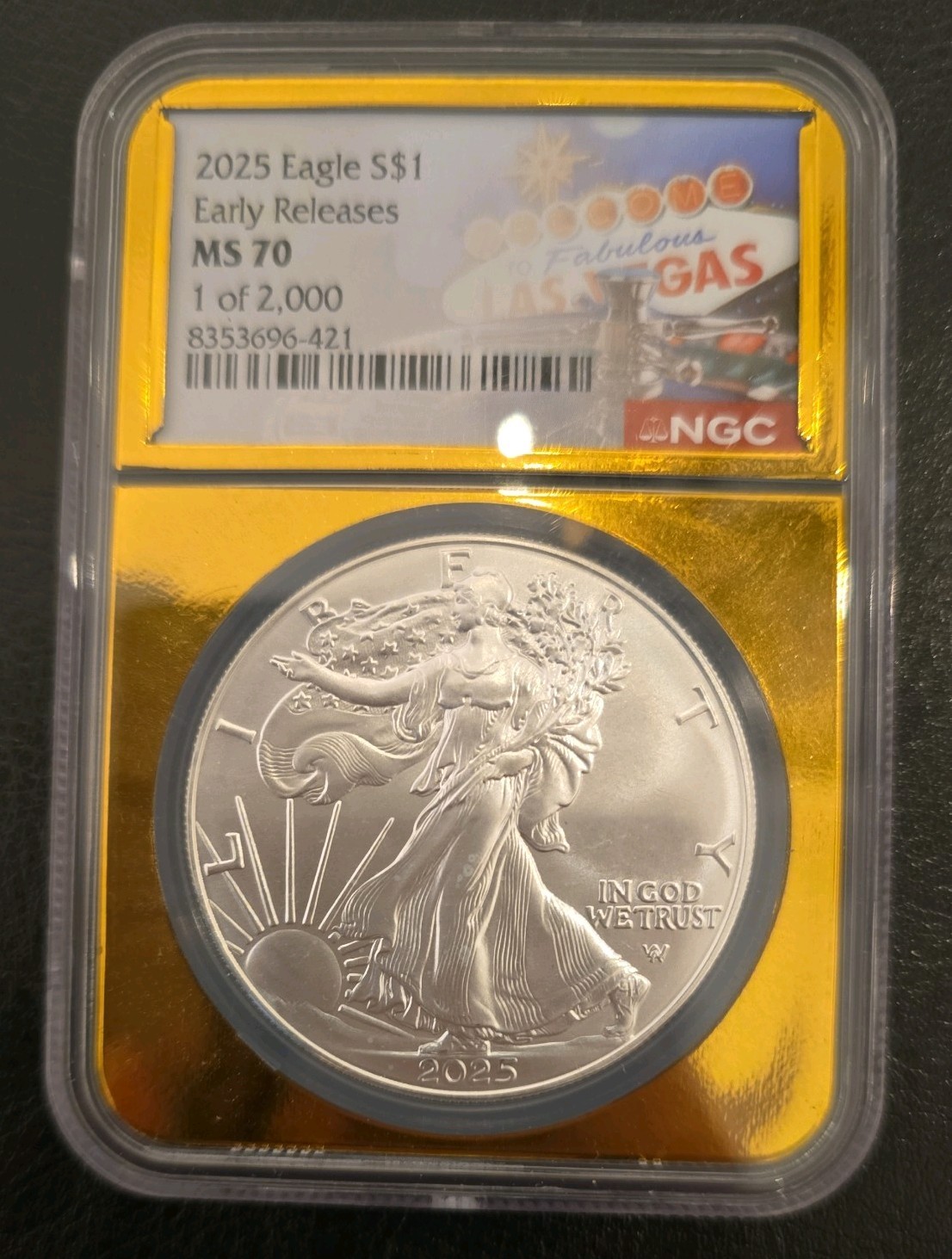2025 $1 American Silver Eagle Early Releases 1 of 2000 NGC MS70 Vegas Gold Label
