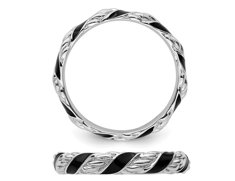 Black Enamel Band Ring in Polished Sterling Silver
