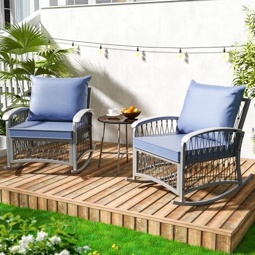 ZZWHOM 3 PC PATIO BISTRO SET WITH GLASS TABLE MODERN BRAID DESIGN - BLUE