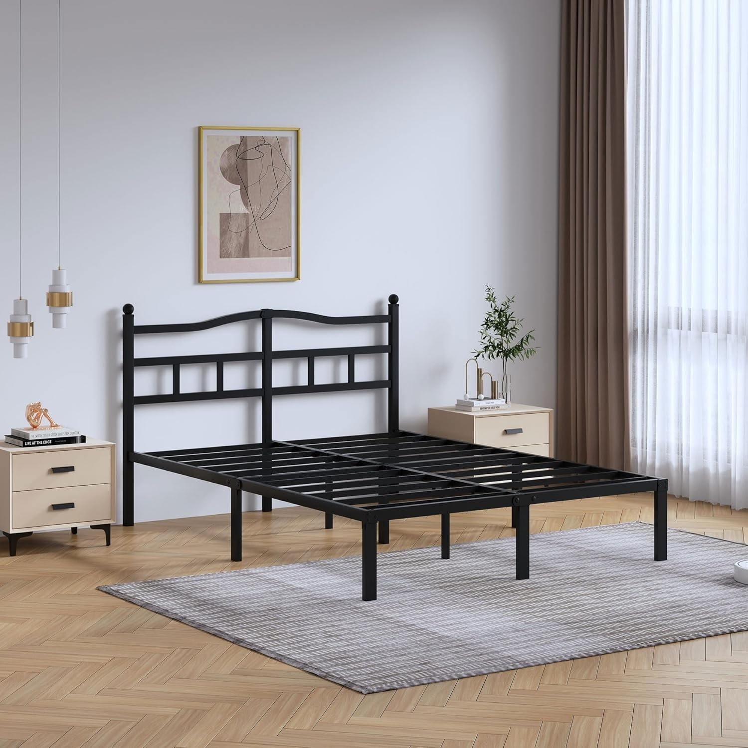 Queen Size Platform Bed with Headboard and Metal Frame-Queen Size - Color: Black