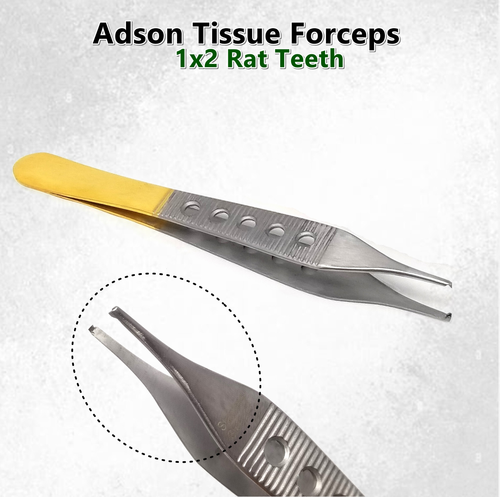 PREMIUM PLASTIC SURGERY ADSON TISSUE FORCEPS 1X2T 4.75" FENESTRATED GOLD HANDLE