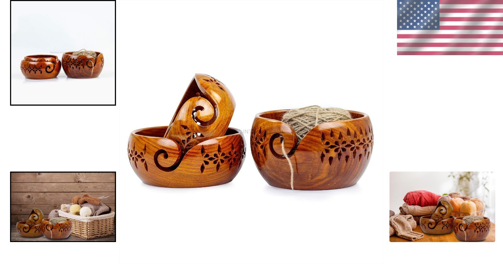 Authentic Rosewood Yarn Bowl Set with Deep Rich Finish for Knitting Accessories