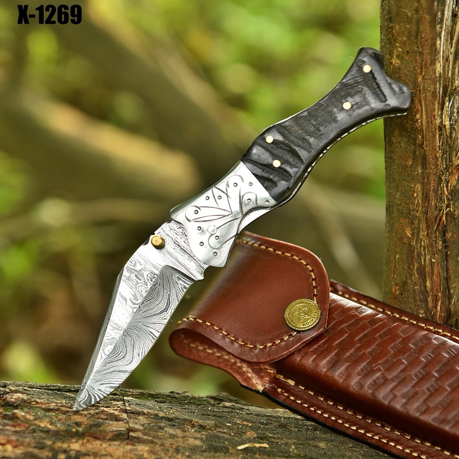 Damascus Folding Dagger Blade Pocket Knife Tactical-Double Edge