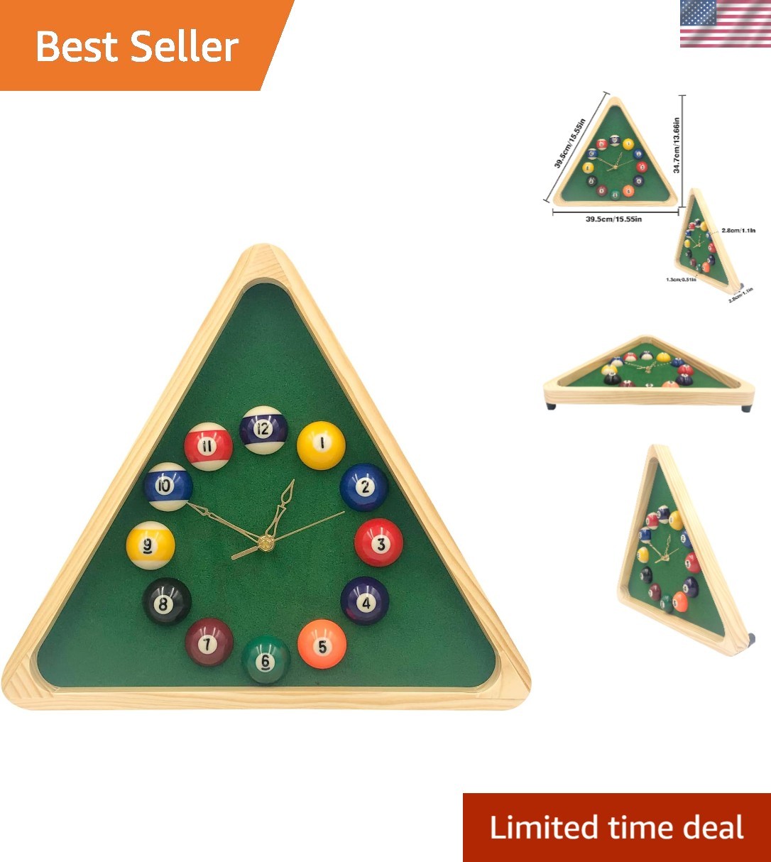 14” Pool Table Wall Clock in Solid Wood - Stylish Billiard Decorative Piece