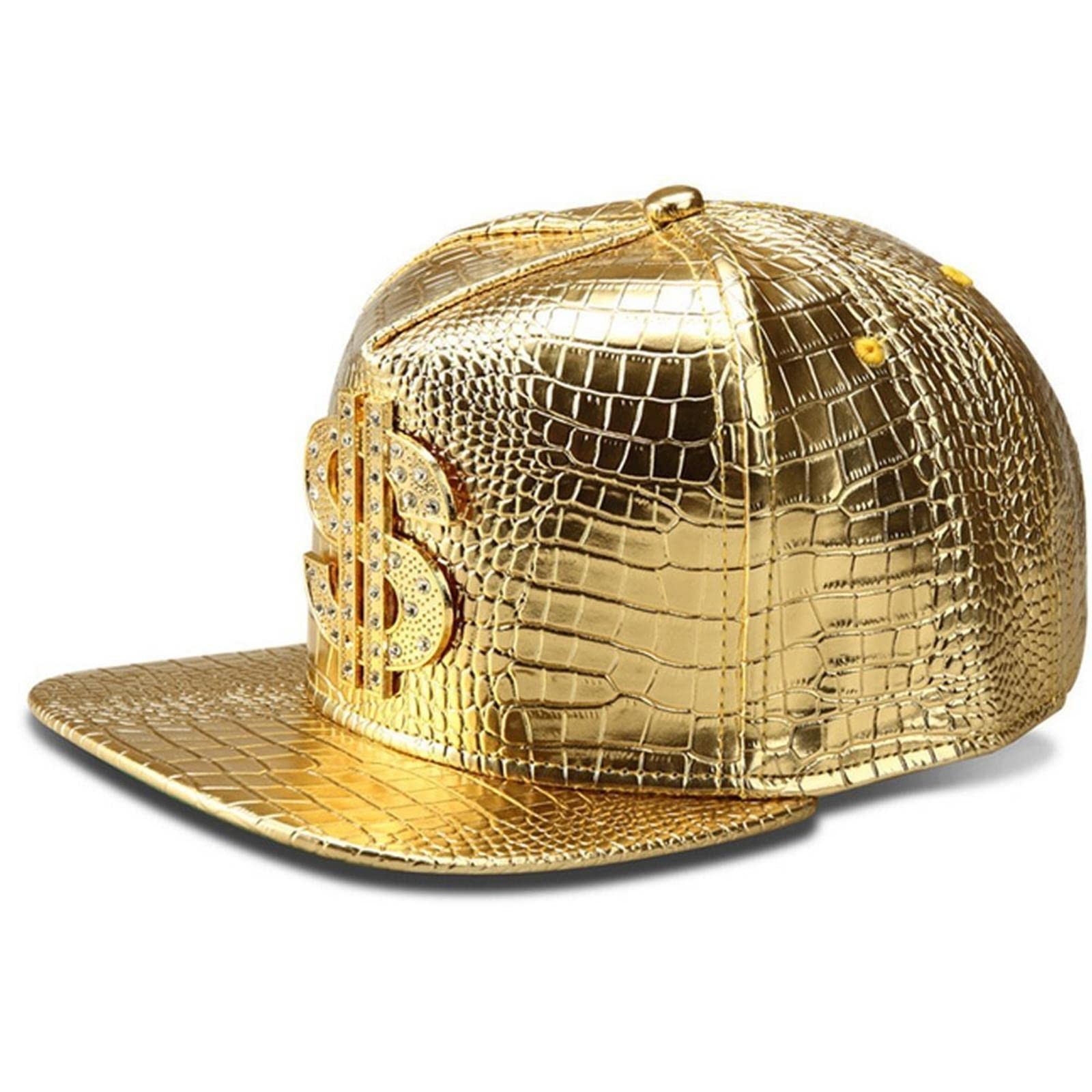 Hip Hop Hat,Flat-Brimmed Hat,Rock Cap,Adjustable Snapback Hat One Size, Gold