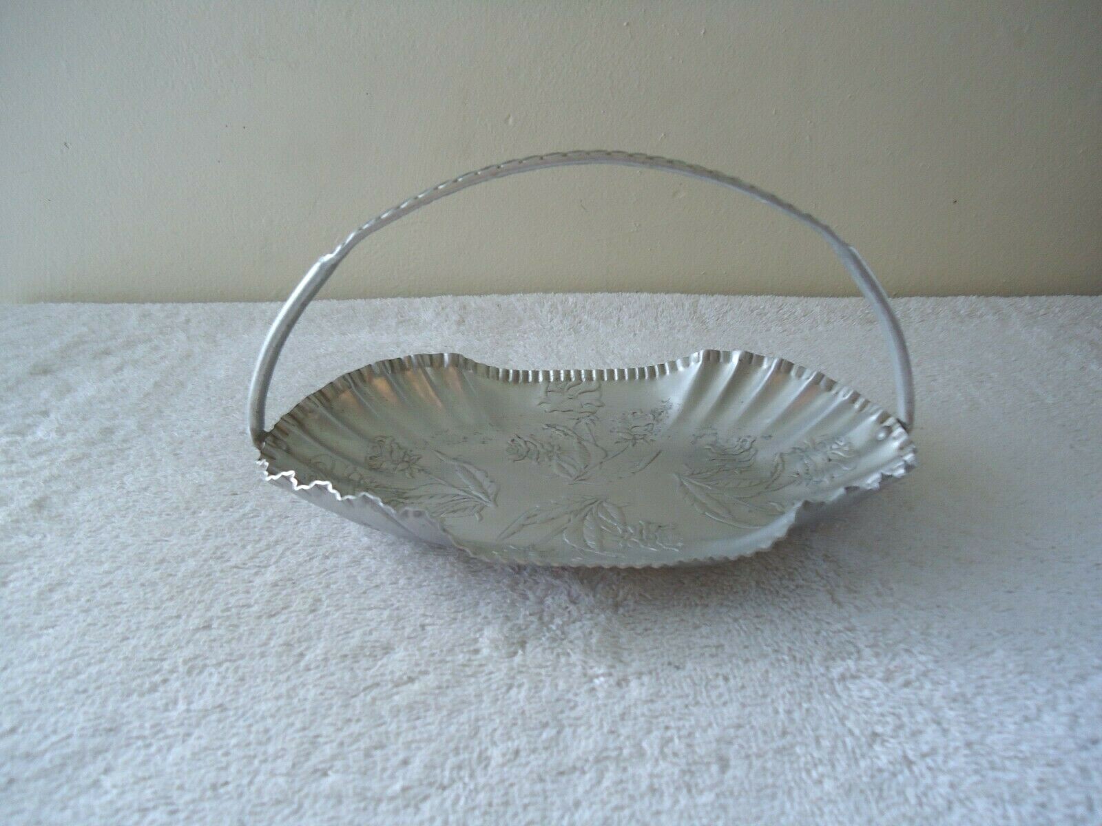 Vintage Aluminum Oval Shaped Floral Themed Basket With Handle " BEAUTIFUL ITEM "