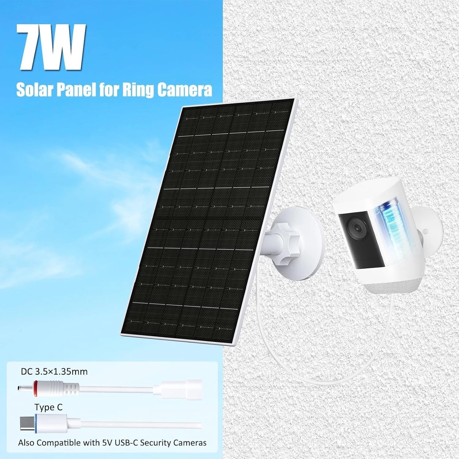 7W Solar Panel for Ring Camera, Solar Charger with USB-C & 3.5Mm Ports for Ring