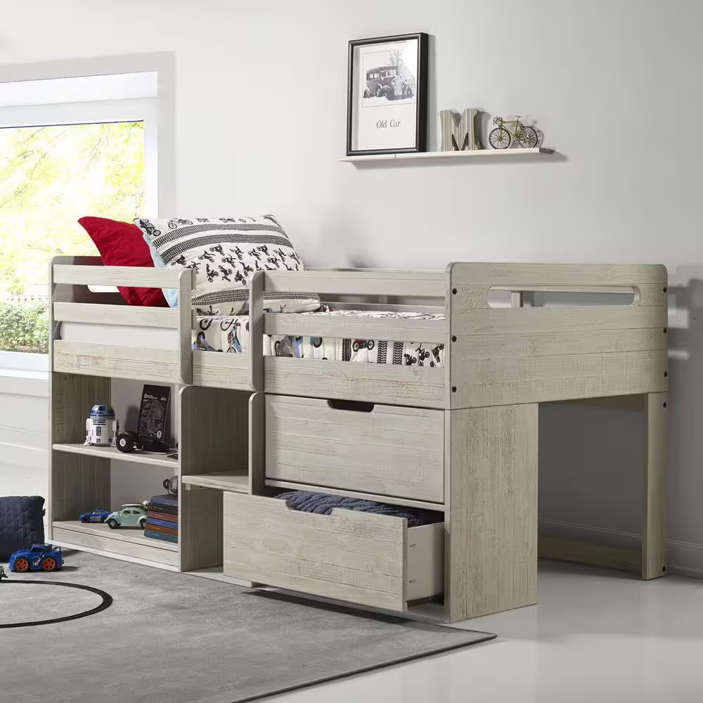 Rustic Light Grey Twin Low Loft Bed