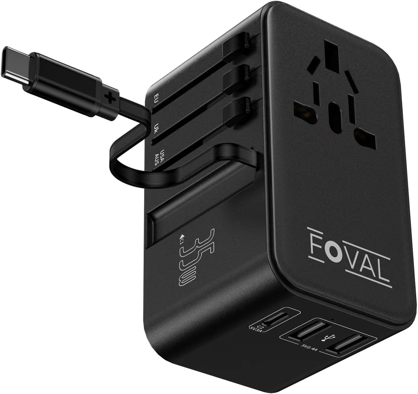FOVAL Universal Travel Adapter with 35W Retractable USB C Cable, C Black