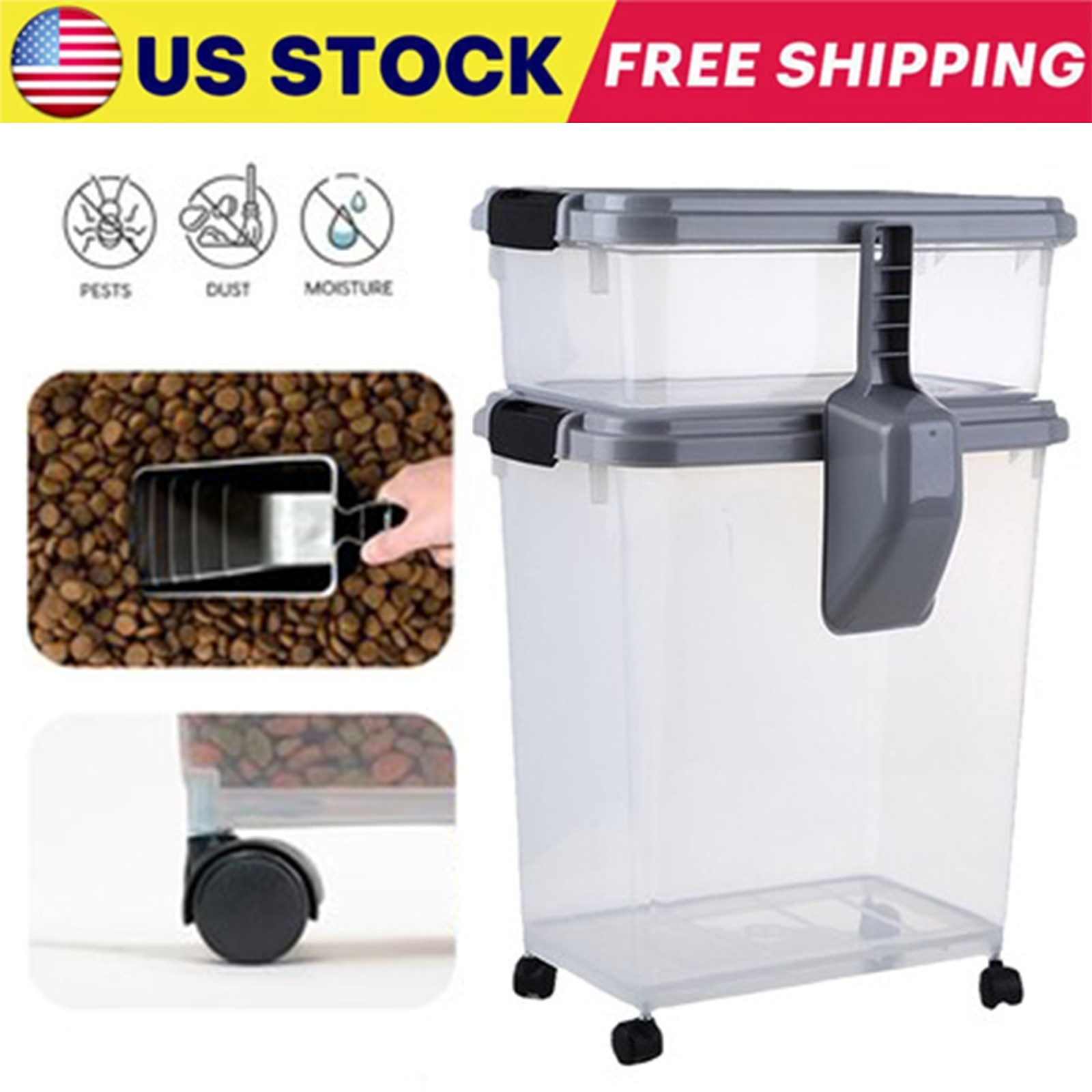 Heavy-Duty 30+10L Large Dry Pet Food Container With Locking Lid Dog Cat Supply