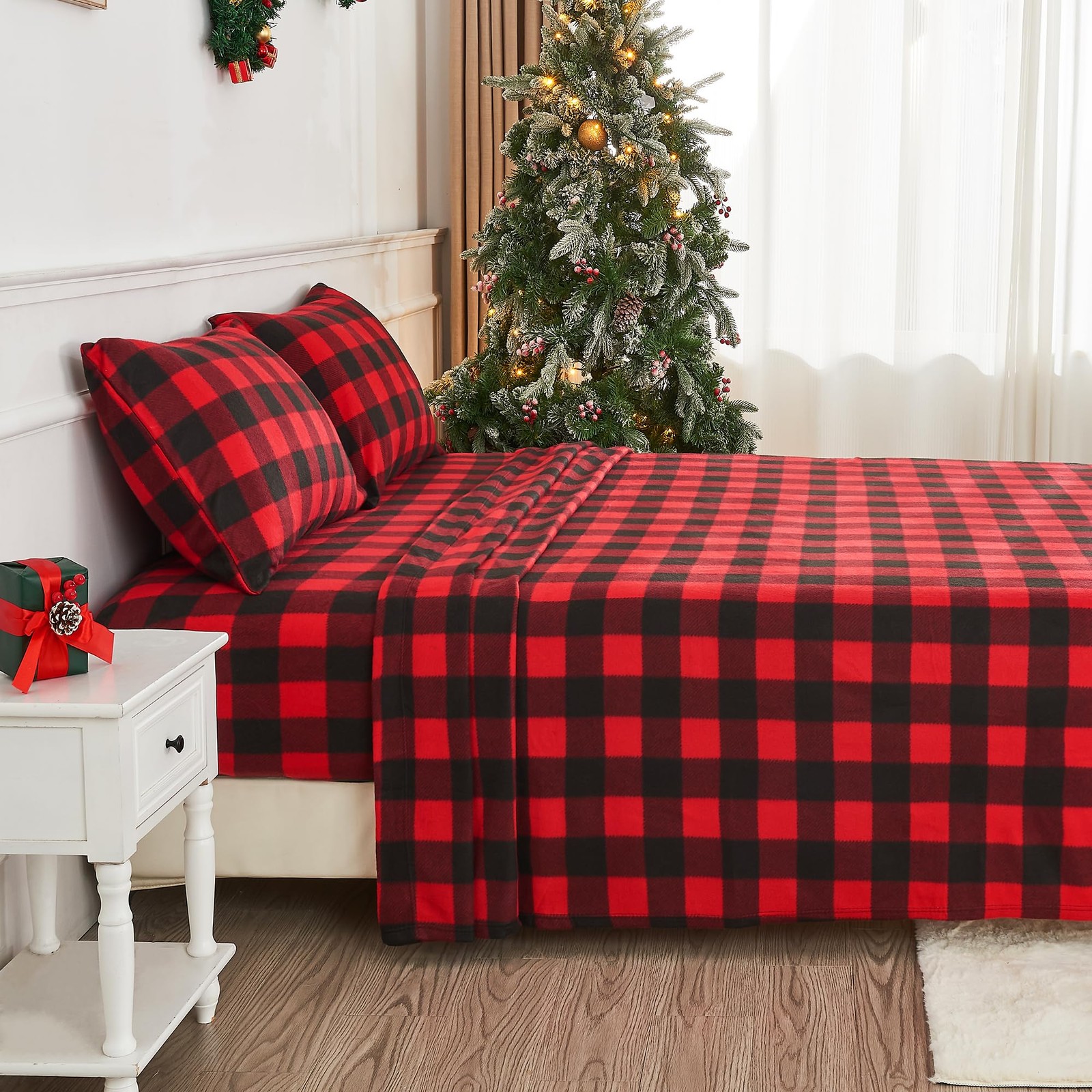 Softan Christmas Fleece Sheets Full Size, Flannel Full, Red Buffalo Plaid