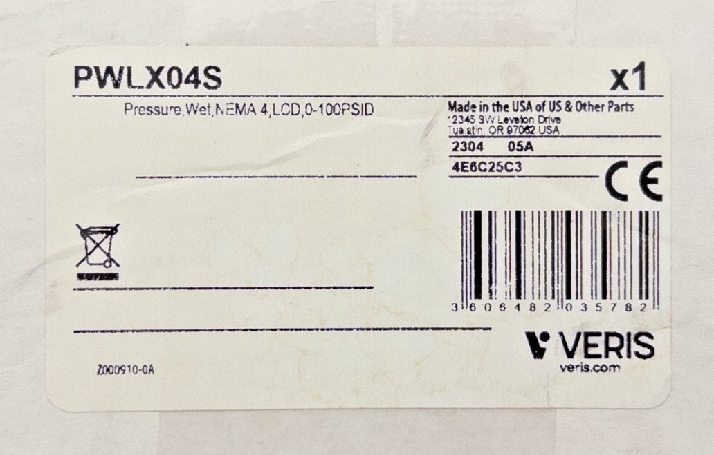 VERIS PWLX04S Wet Differential Pressure Sensor NEMA 4 LCD 0-100PSID