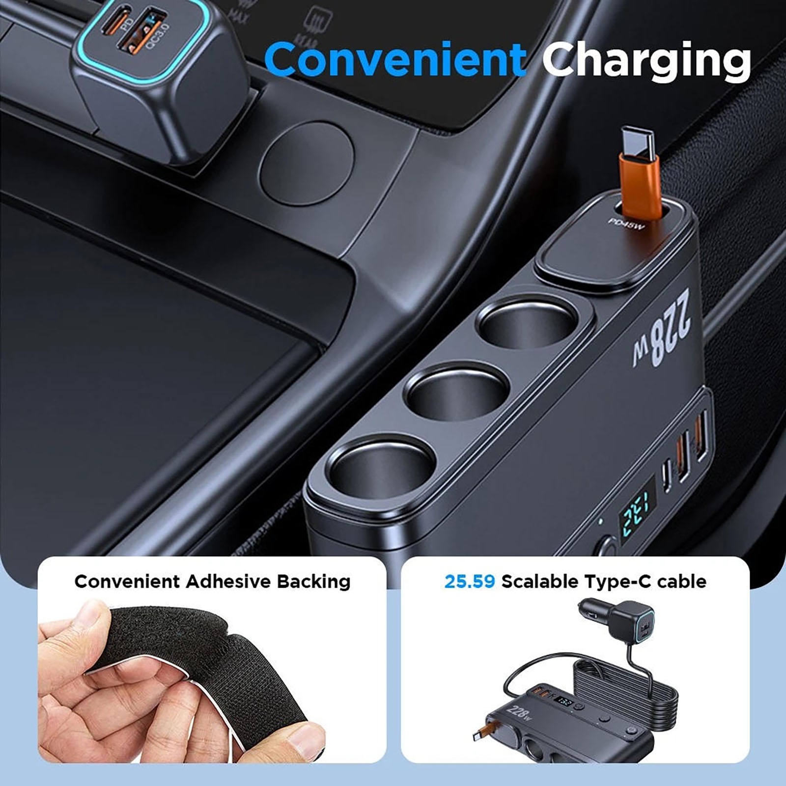For Truck 9-in-1 Cigarette Lighter Charger 3 Sockets 6 USB Ports 228W Display