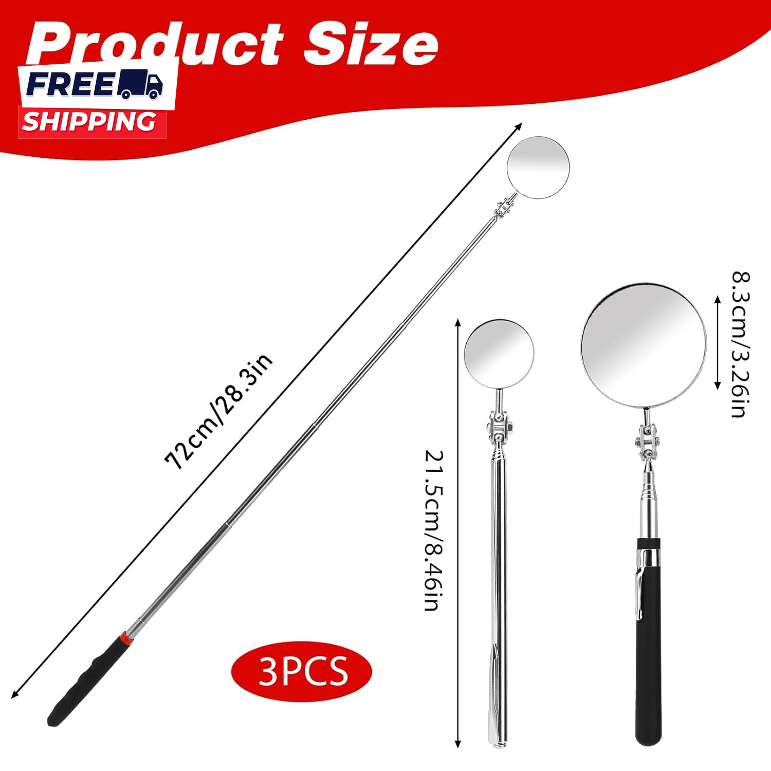 3 Pack Telescoping Inspection Mirror Extendable Mechanic Mirror round Mirror
