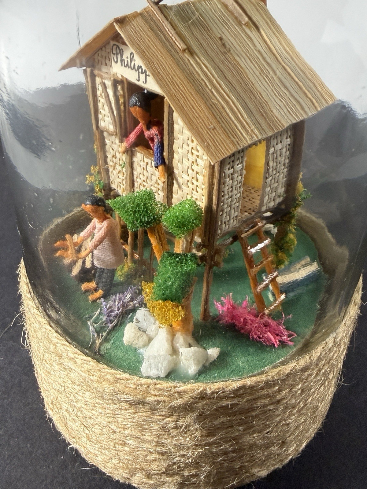 Vintage Handmade Philippines Diorama in Glass Bottle Detailed Tropical Hut Scene