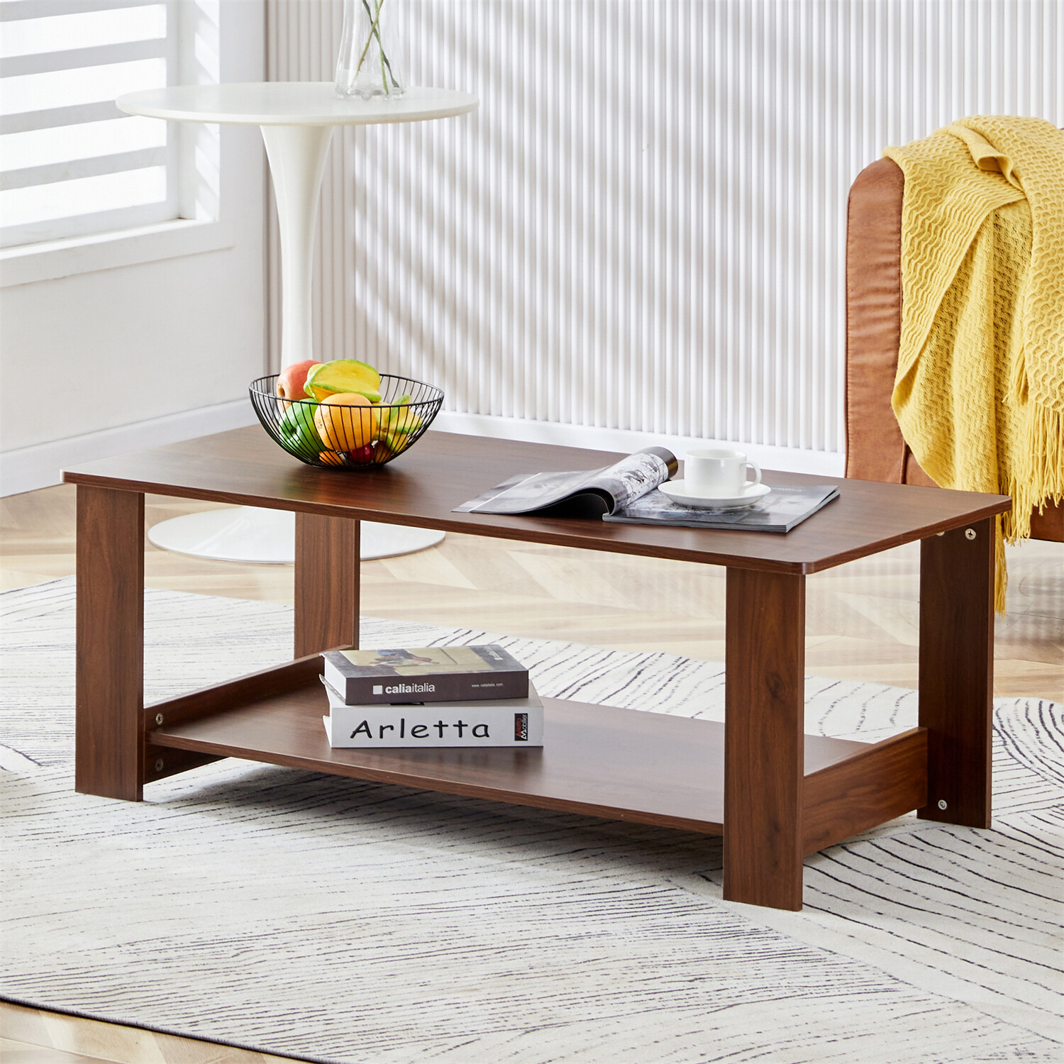 Coffee Table Center Cocktail Table Side Table w/ Storage Shelf Walnut/Grey