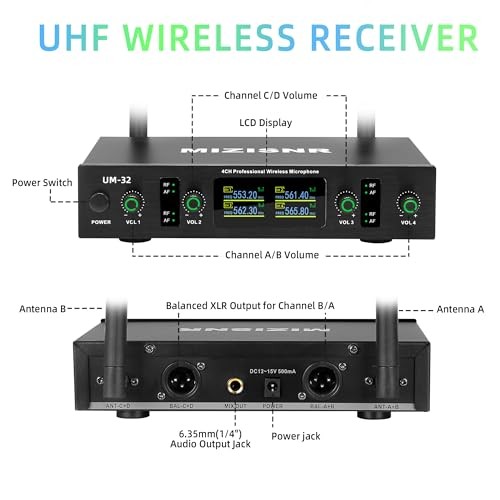 Lapel Wireless Microphone System with Headset & Lavalier Mics, 4 Channel UHF