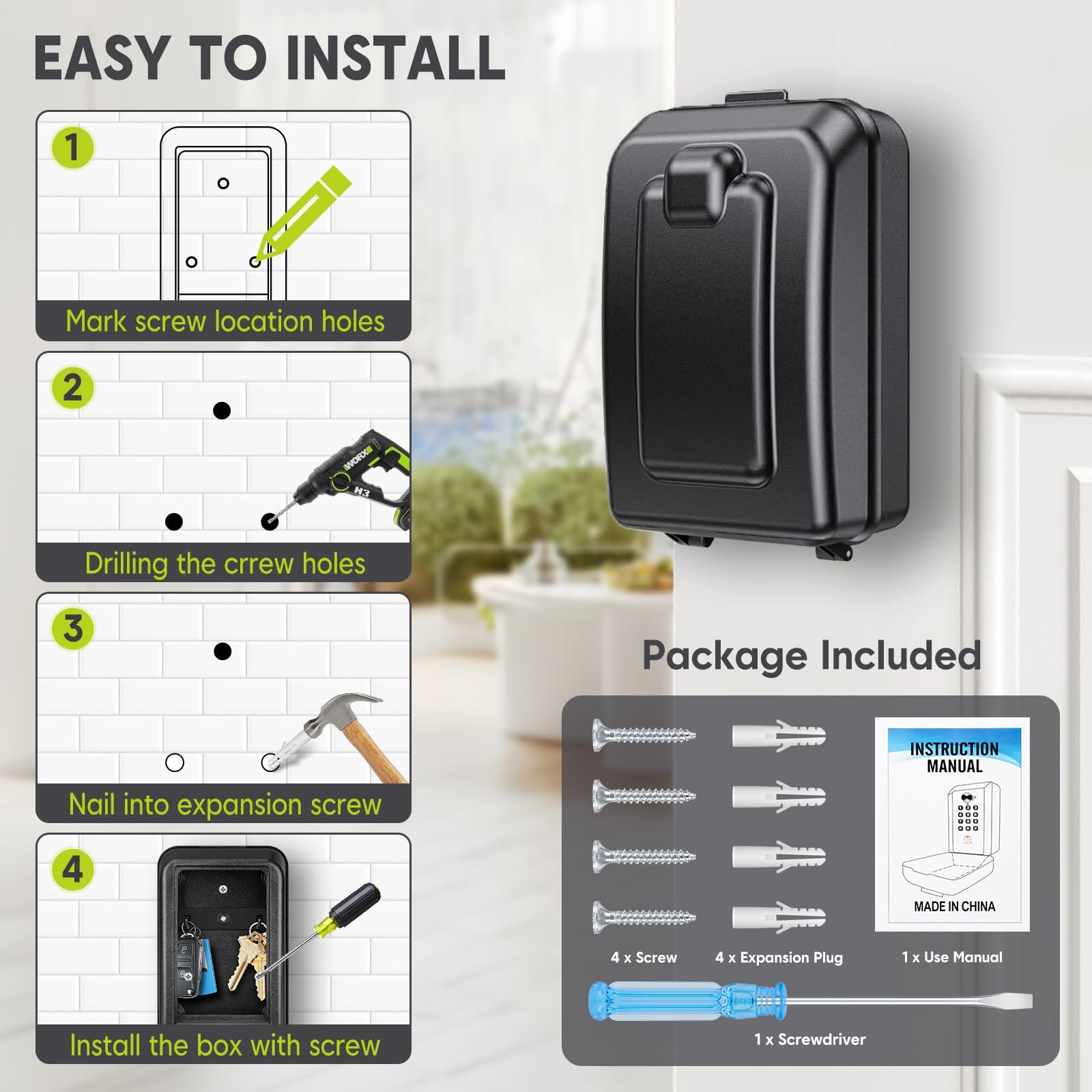 Sturdy Waterproof Key Lock Box for Outside, Large Capacity Wall Mount Lock Bo...