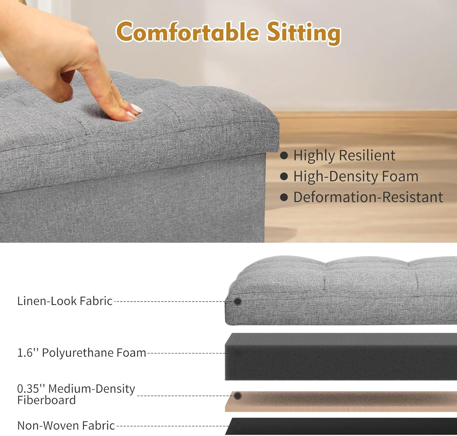 Storage Ottoman with Extra Thick Foam Padded Seat, Foldable Foot Rest Stool with