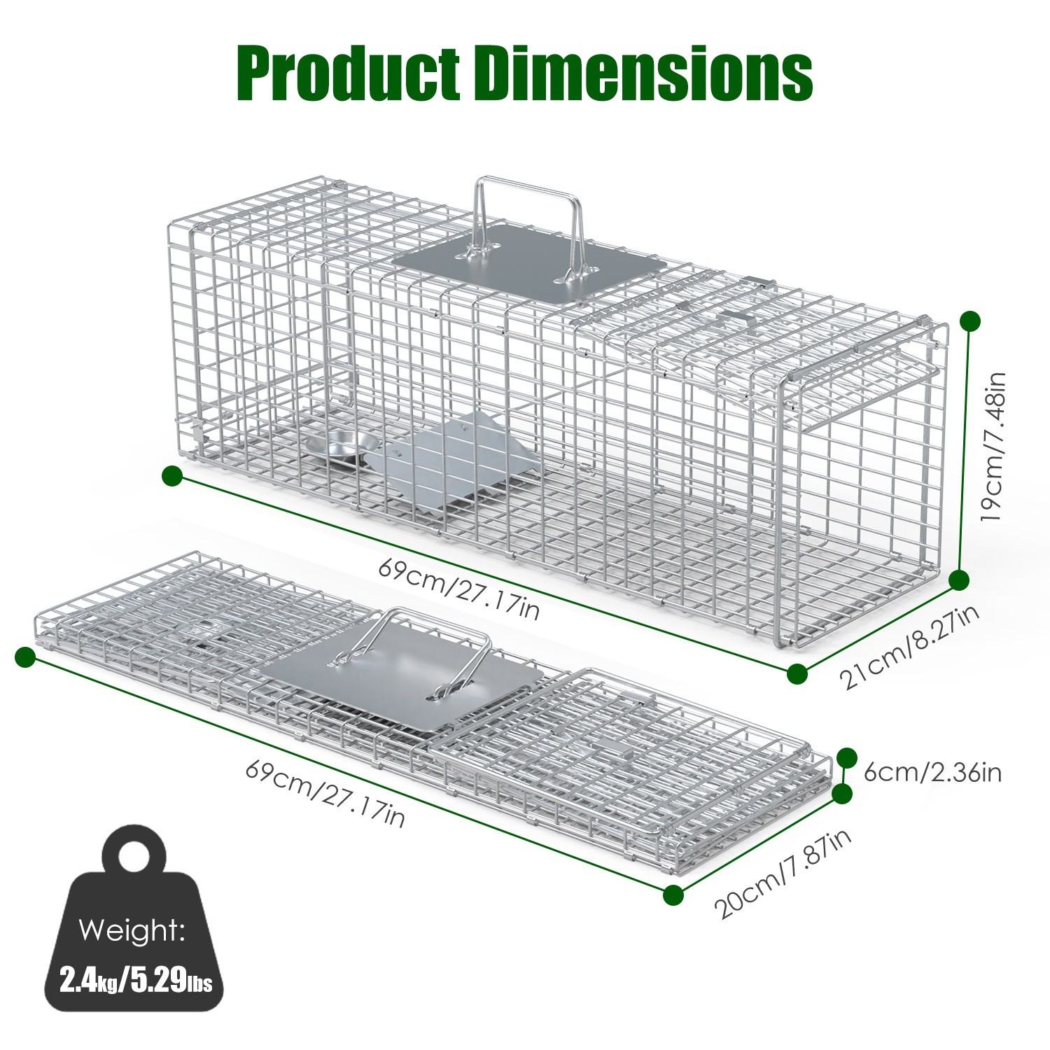 Portable Animal Trap Cage Catch and Release Steel Humane 27x7.5x8in Cat Trap US
