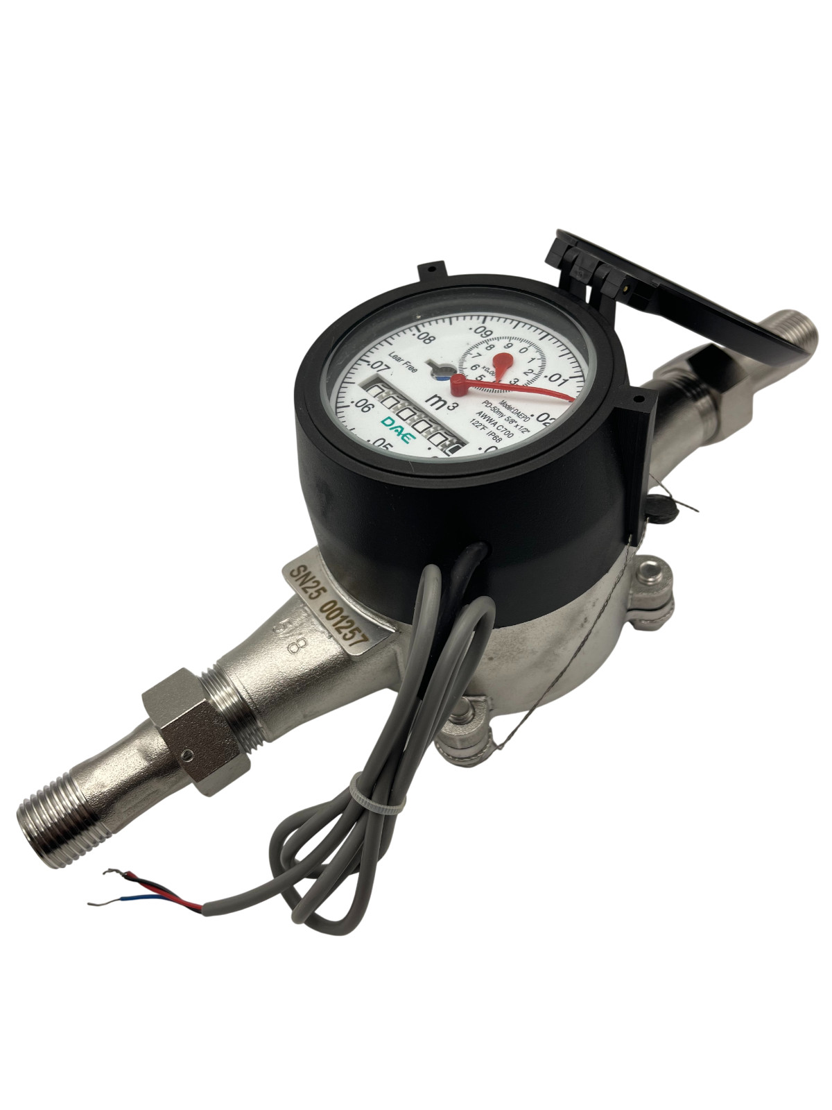 DAE PD-50my Stainless IP68 Positive Water Meter, 1/2" NPT Coupling, Cubic Meter