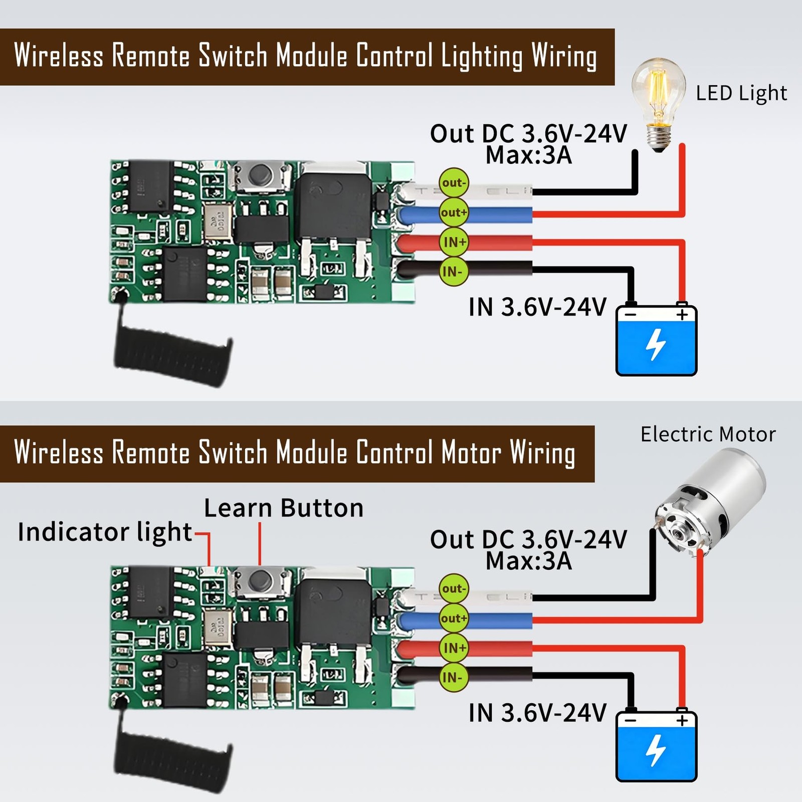 DC 12V Wireless Remote Control Switch 2 Way Mini Wireless Switches 433MHz Wir...