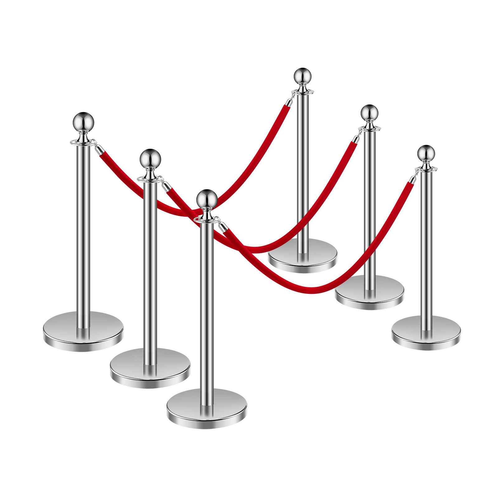 6 Pcs Silver Stanchion Post 3 Red Velvet Ropes Sand Injection Hollow Base