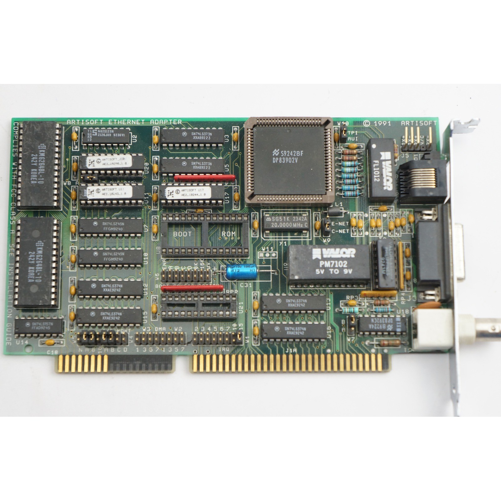 Artisoft Ethernet Adapter ISA Card AE3/B Green BNC AUI RJ45 Vintage 1991 Good