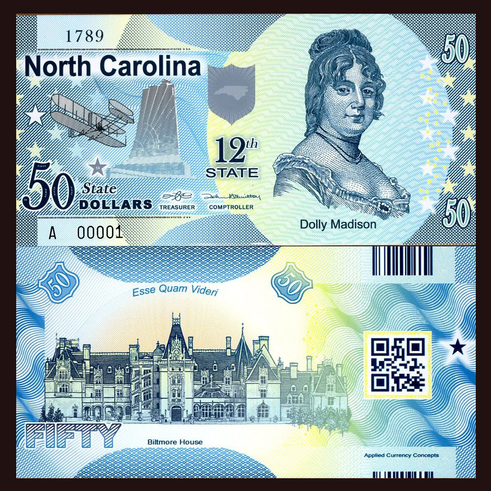 USA States, North Carolina, $50, Polymer, ND (2015), P-N/L, UNC Dolly Madison F