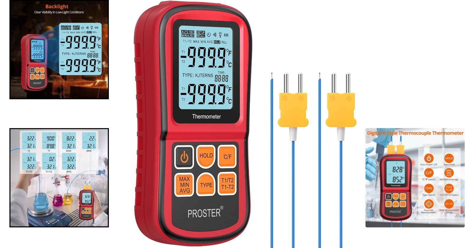 Digital Thermometer with Dual K Type Probes, High Temp Meter, LCD Display
