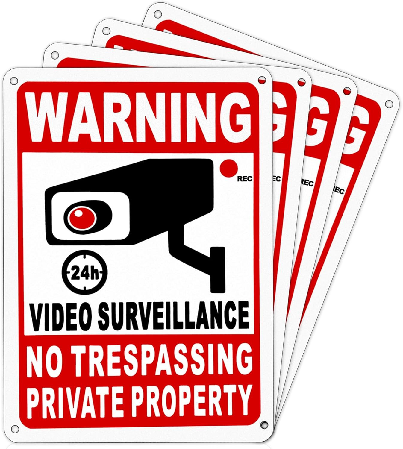 4 Pack Private Property No Trespassing Sign, 24-Hour Video Surveillance Signs