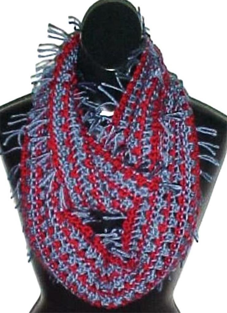 Hand Crochet Infinity Scarf/Neckwarmer #136 Burgundy/Blue w/Fringe NEW