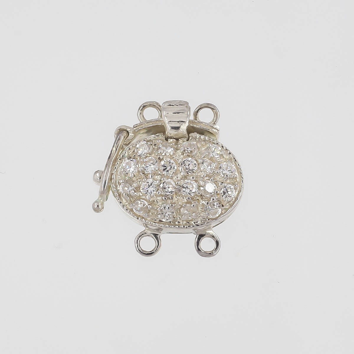 Sterling Silver Clear CZ 2 Strand Oval Pearl Box Clasp with Secure Lock #51116