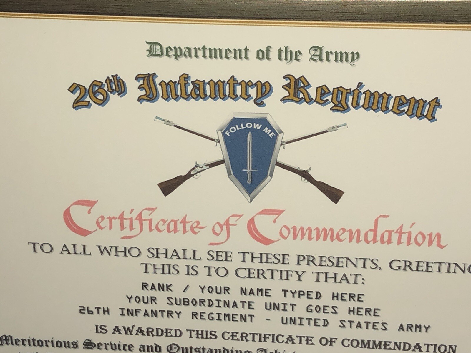 26TH INFANTRY REGIMENT / COMMEMORATIVE - CERTIFICATE OF COMMENDATION