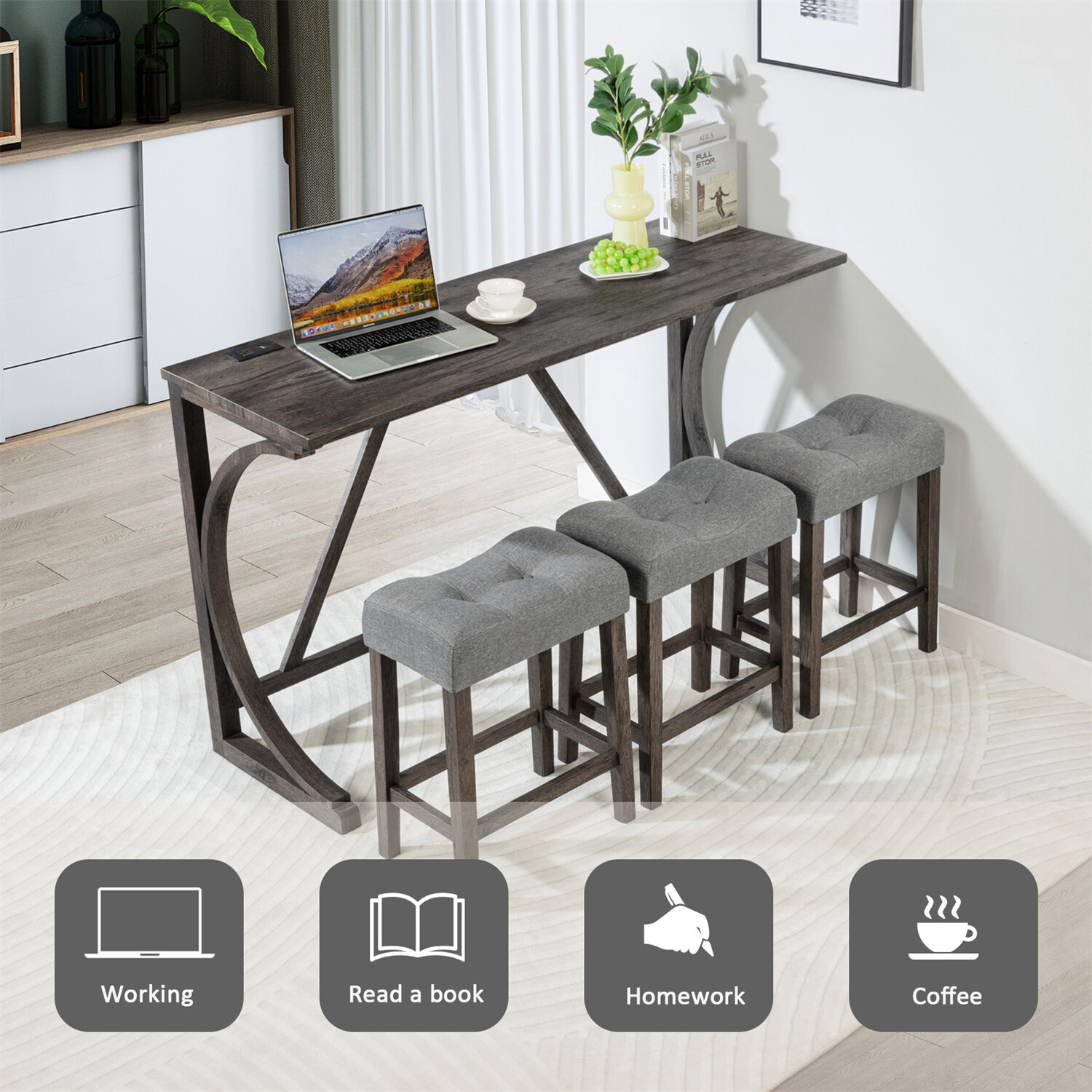 4 Piece Bar Table Set Counter Height Kitchen Dining Table w/ 3 Upholstered Stool