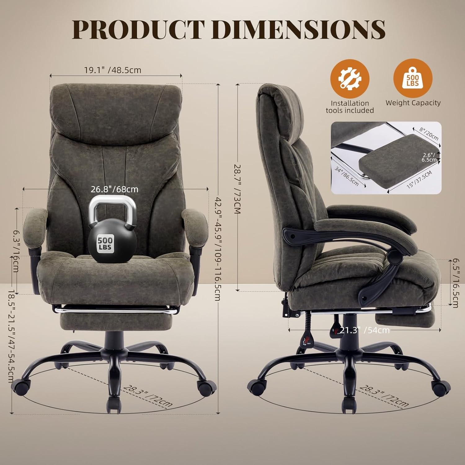 Big and Tall Office Chairs with Foot Rest,500LBS Wide Ergonomic Gaming Chair