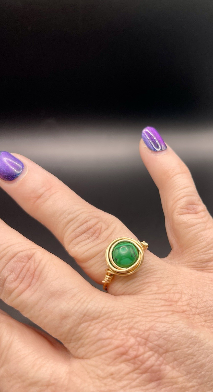 Wire Wrapped Green Agate Ring. Size 8. Gold Wire.