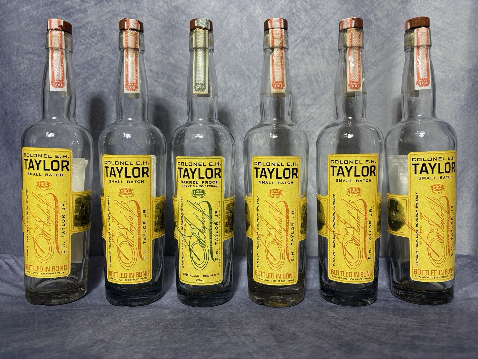 EH Taylor Bourbon Whiskey Decorative Decanter Bottles Lot of 6 Buffalo Trace
