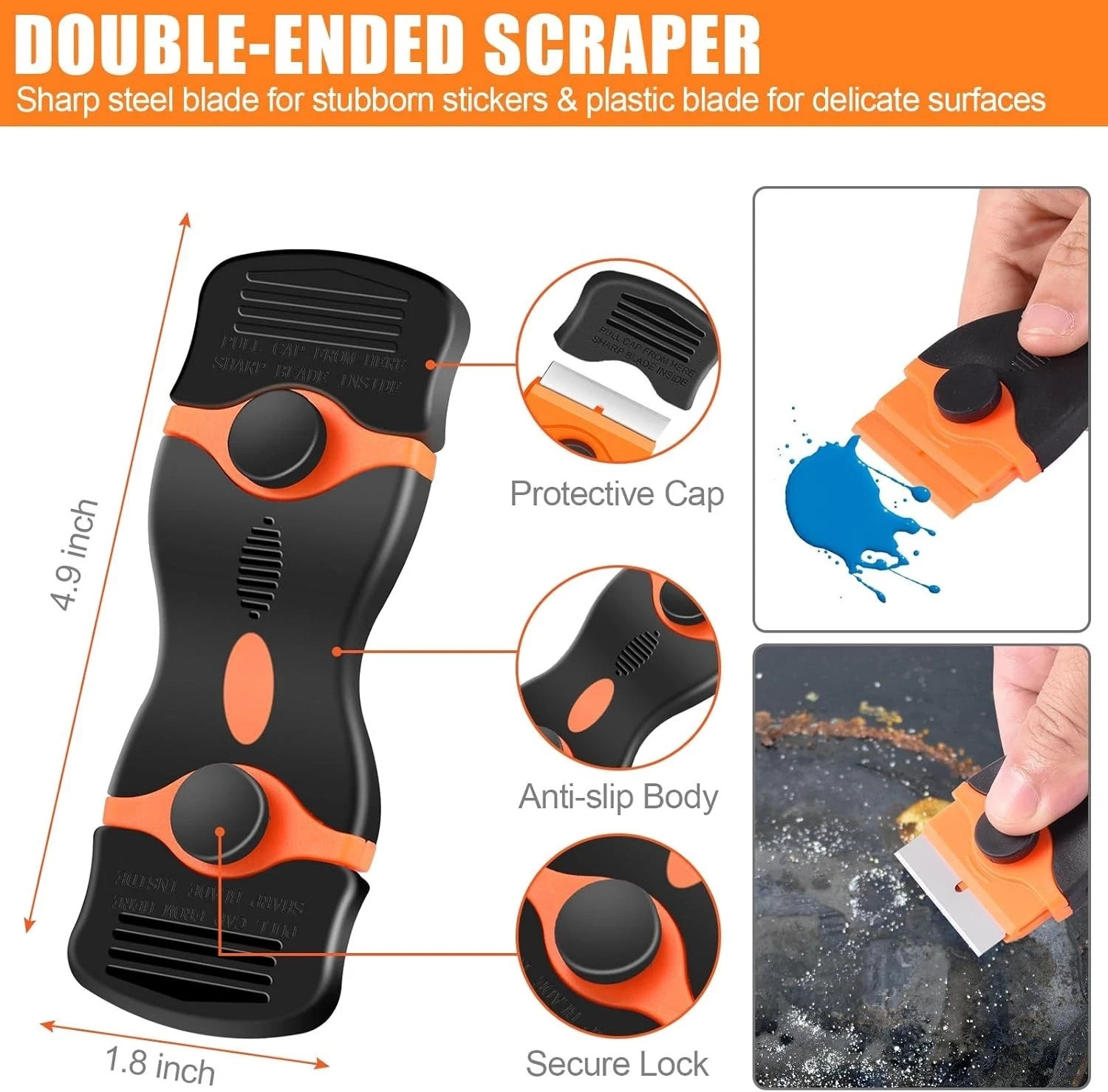 4 Pack Razor Blade Scraper, Premium Cleaning Scraper Tool with 50 PCS Metal & Pl