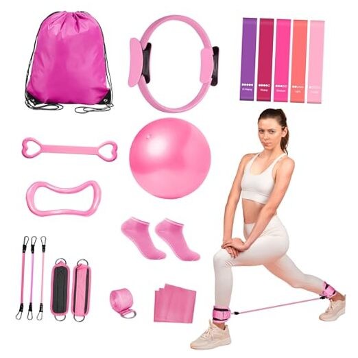 Home Pilates Essentials Kit for Women: 18Pcs Pilates Workout Equipment Set Pink
