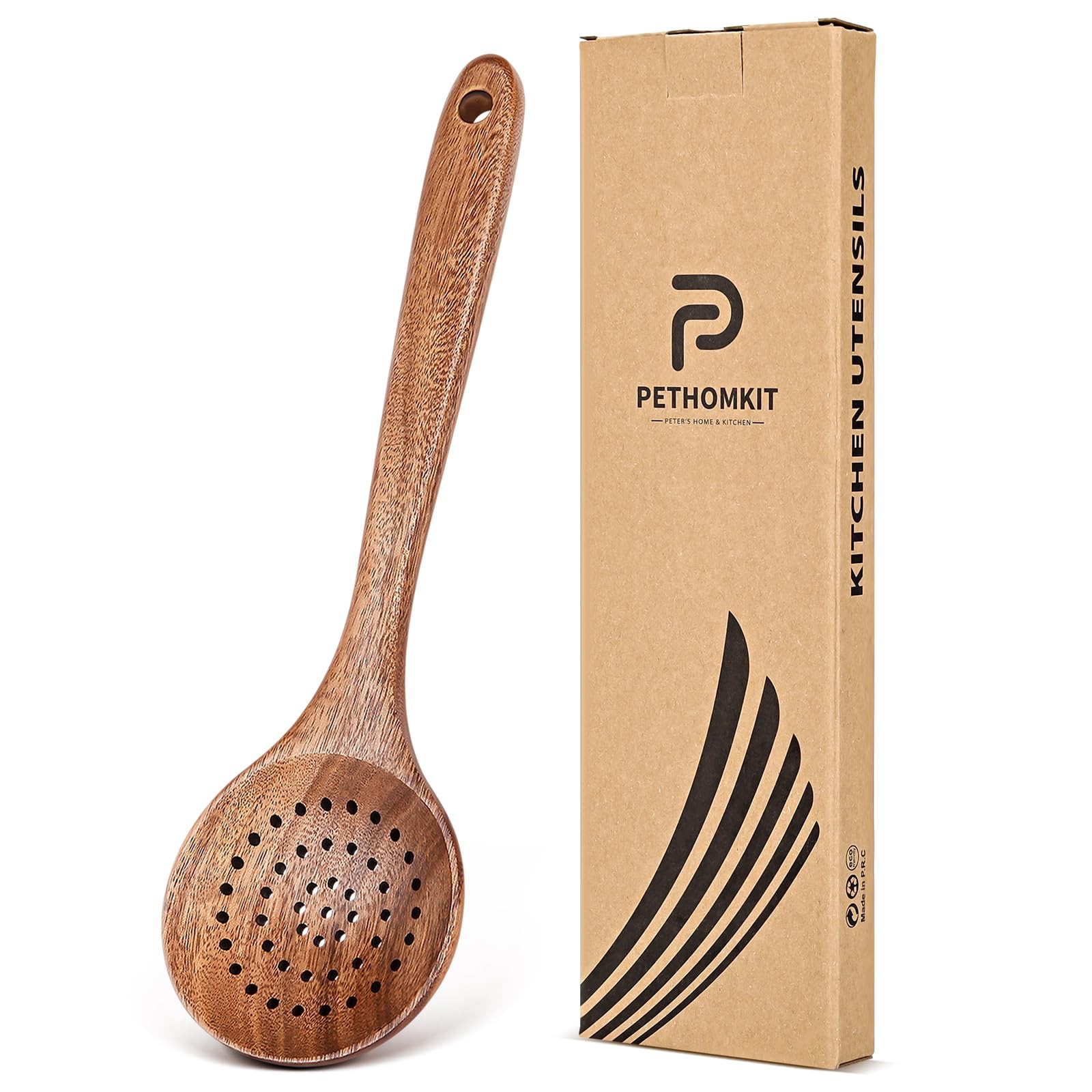 Wooden Cooking Utensil, Teak Slotted Spoon for Cooking, Natural Wood Colander...