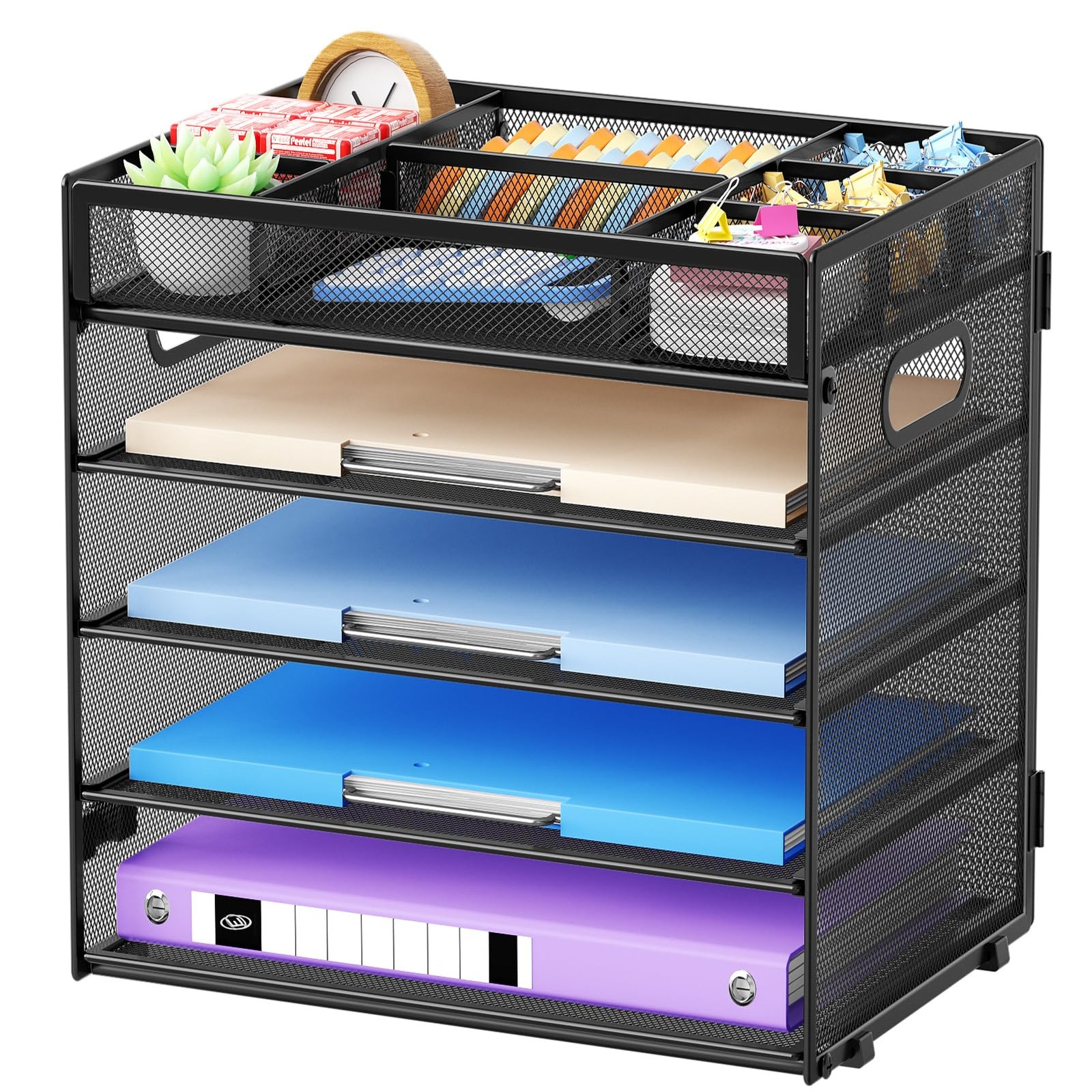 5Tier Letter Tray Paper Organizer Mesh File Desktop Storage Box Handle Black