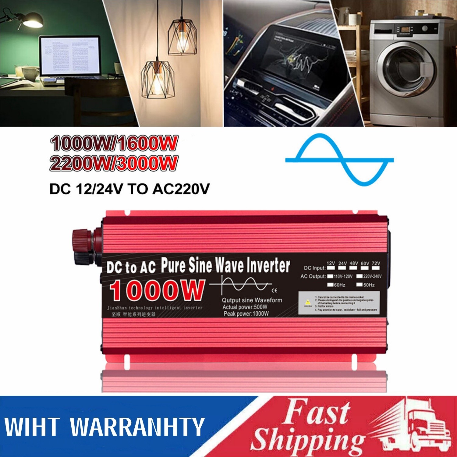 1000W-3000W Power Inverter DC 12/24V To AC 220V Pure Sine Wave Solar Converter