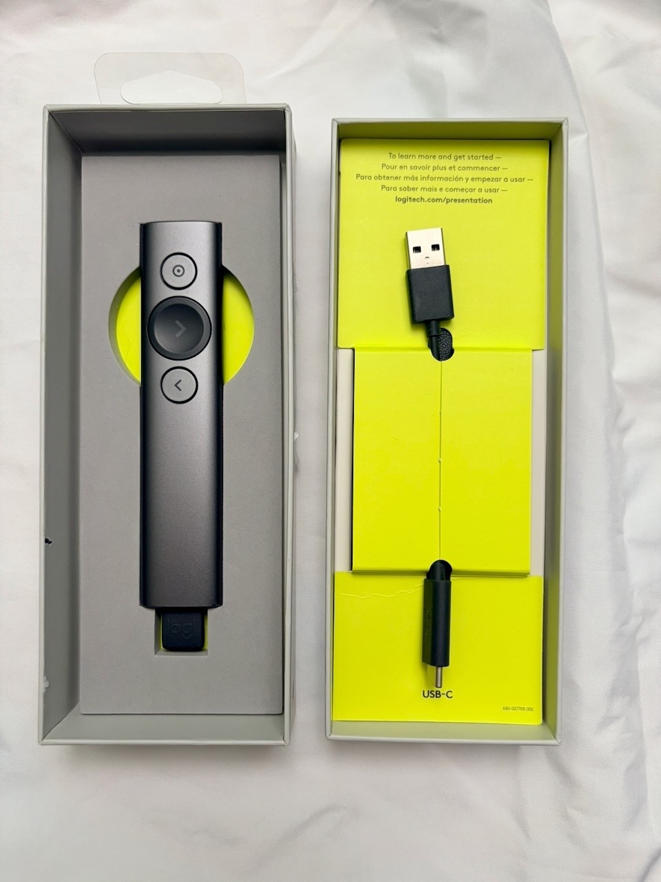 Logitech Spotlight Presentation Remote Pointer USB-C with case and charging cord