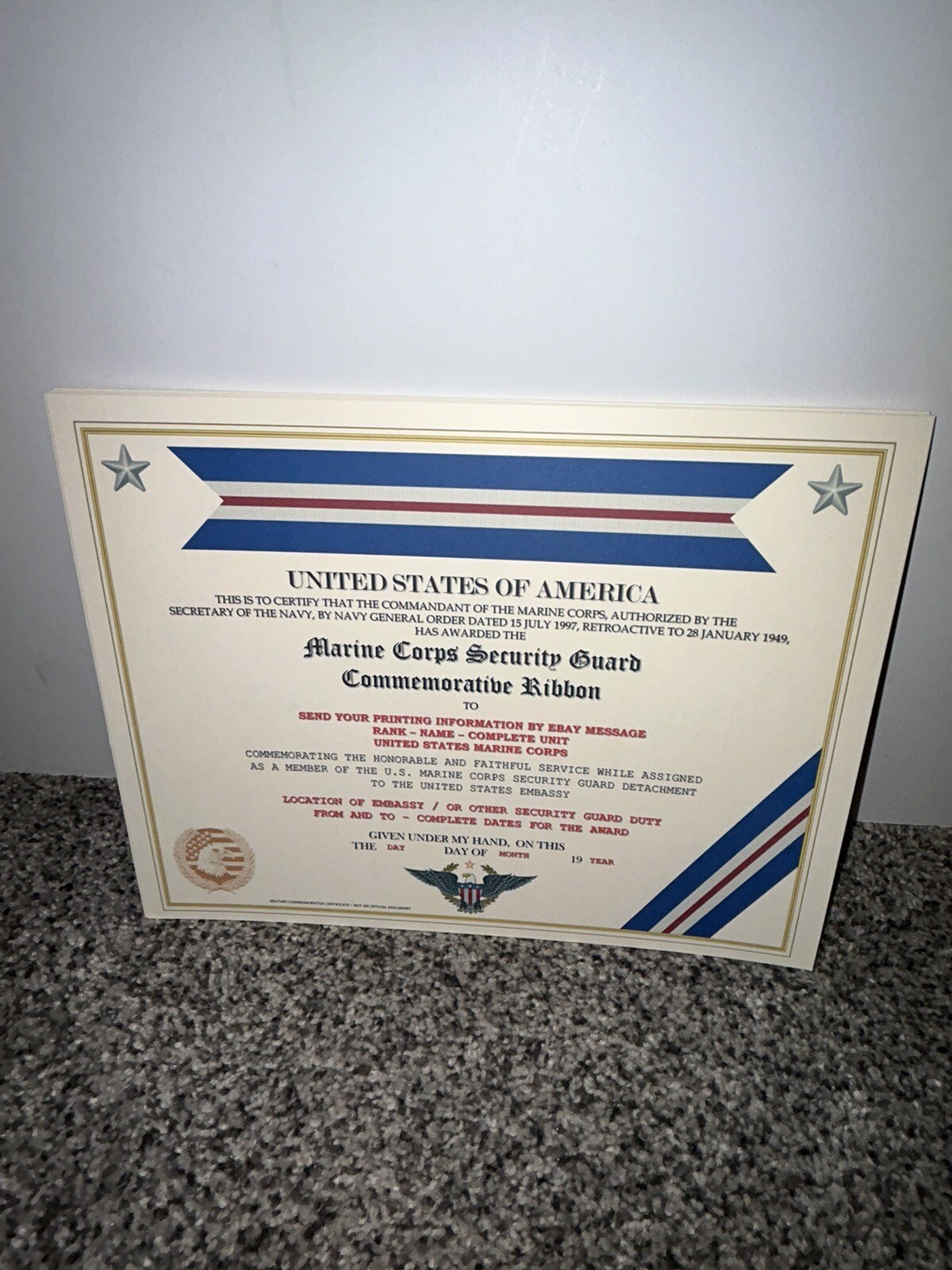 MARINE CORPS SECURITY GUARD RIBBON COMMEMORATIVE CERTIFICATE ~ W/PRINTING TYPE-1